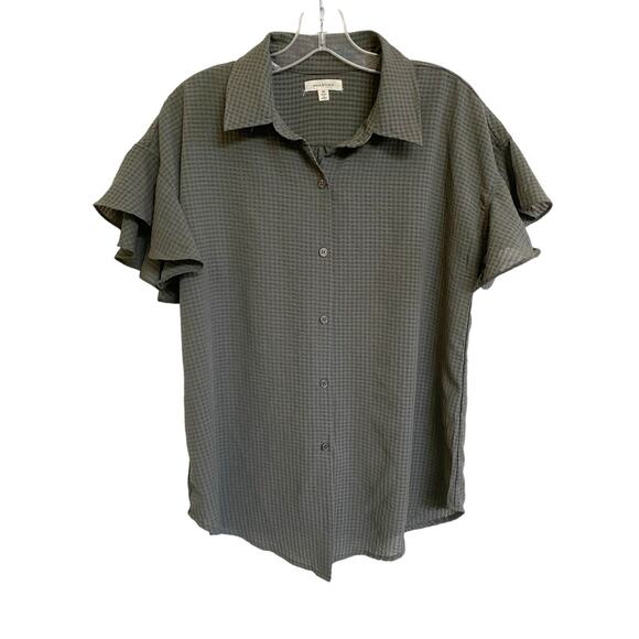 Max Studio Green Checkered Button Up Shirt Flutter Sleeve - M - Picture 1 of 10